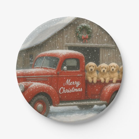 Golden Retriever Puppies in an old truck Christmas ペーパープレート (正面)