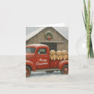 Golden Retriever Puppies in Truck Christmas Card ノートカード