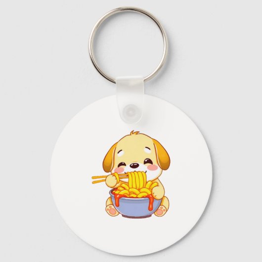 Golden Retriever puppy happily slurping Rabokki! キーホルダー (正面)