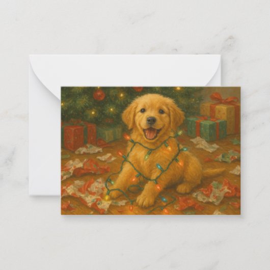 Golden Retriever Puppy in Christmas Lights Card ノートカード (正面)