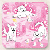 Golden Retriever Puppy in Pink Garden コースター (正面)