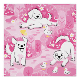 Golden Retriever Puppy in Pink Garden ポスター