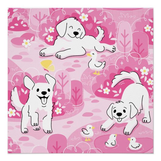 Golden Retriever Puppy in Pink Garden ポスター (正面)