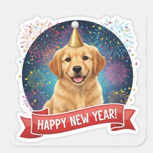 Golden Retriever Puppy New Year Sticker スクエアシール (正面)
