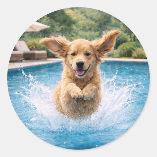 Golden Retriever Puppy Pool Plunge ラウンドシール (正面)