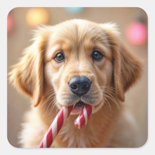 Golden Retriever Puppy With a Candy Cane スクエアシール (正面)