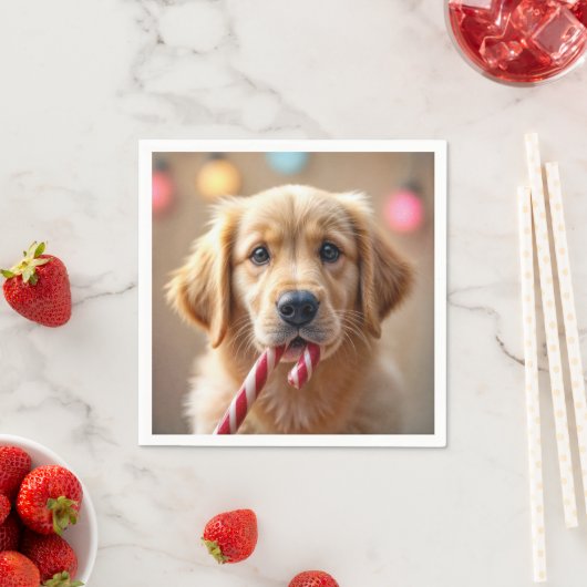 Golden Retriever Puppy With a Candy Cane スタンダードカクテルナプキン (インサイチュ)