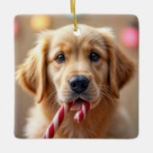 Golden Retriever Puppy With a Candy Cane セラミックオーナメント (正面)