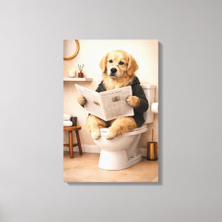 Golden Retriever Reading Newspaper Bathroom Humor キャンバスプリント