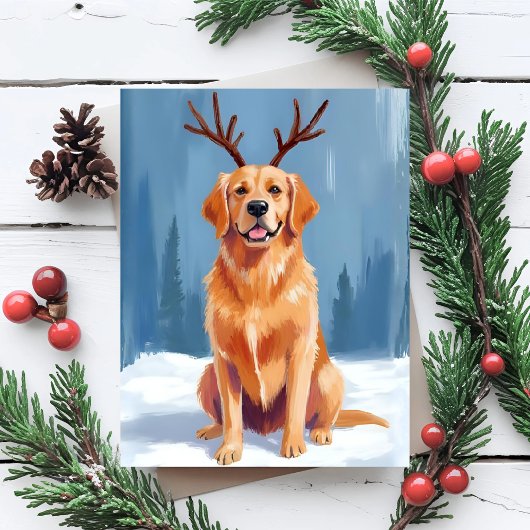 Golden Retriever Reindeer Antlers Christmas シーズンポストカード