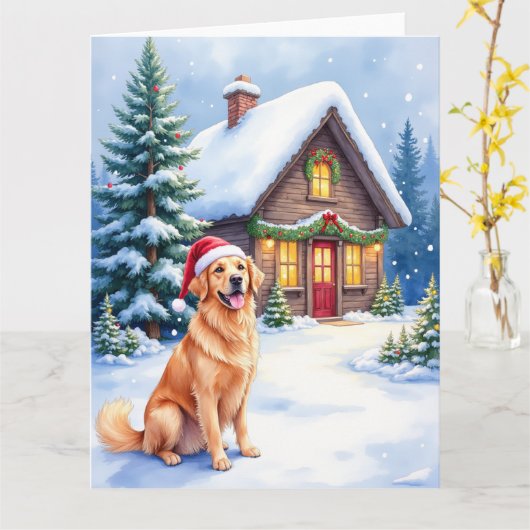 Golden Retriever Rustic Cabin Santa Hat Christmas カード (黄色い花)