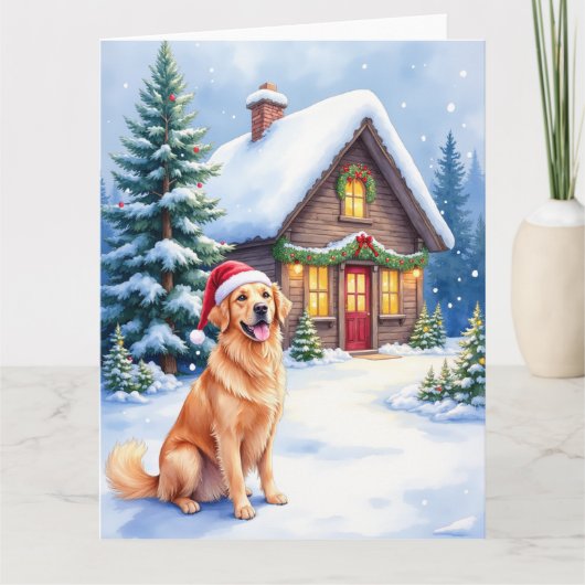 Golden Retriever Rustic Cabin Santa Hat Christmas カード (正面)