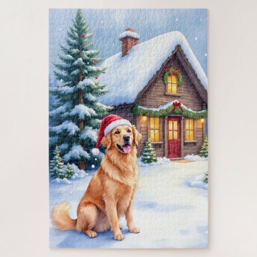Golden Retriever Rustic Cabin Santa Hat Christmas ジグソーパズル (縦)