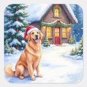 Golden Retriever Rustic Cabin Santa Hat Christmas スクエアシール (正面)