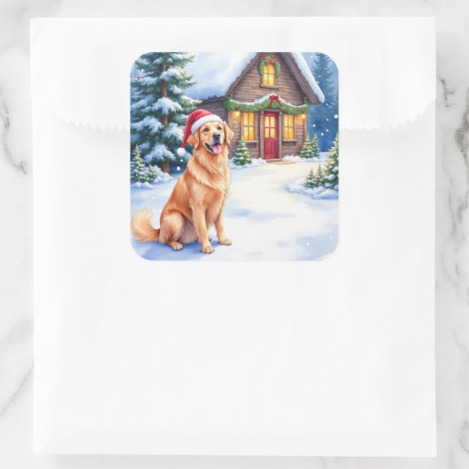 Golden Retriever Rustic Cabin Santa Hat Christmas スクエアシール (バッグ)