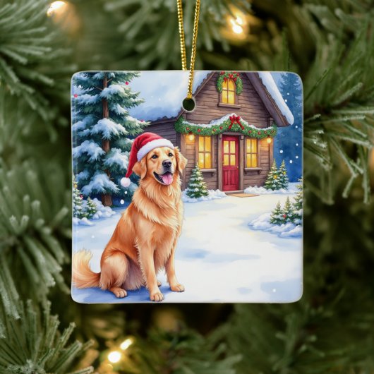 Golden Retriever Rustic Cabin Santa Hat Christmas セラミックオーナメント (ツリー)
