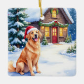 Golden Retriever Rustic Cabin Santa Hat Christmas セラミックオーナメント (正面)