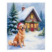Golden Retriever Rustic Cabin Santa Hat Christmas ポスター (正面)