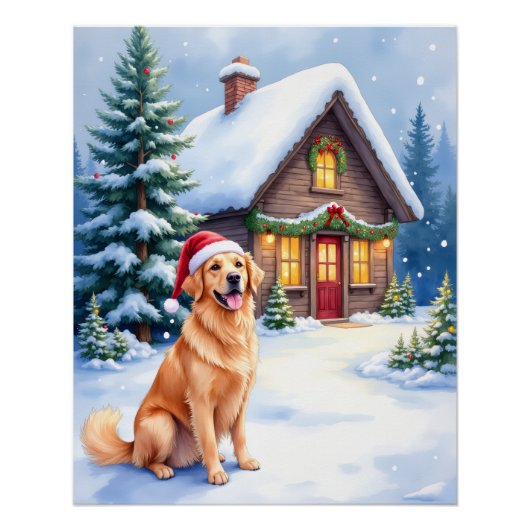 Golden Retriever Rustic Cabin Santa Hat Christmas ポスター (正面)