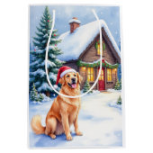Golden Retriever Rustic Cabin Santa Hat Christmas ミディアムペーパーバッグ (正面)