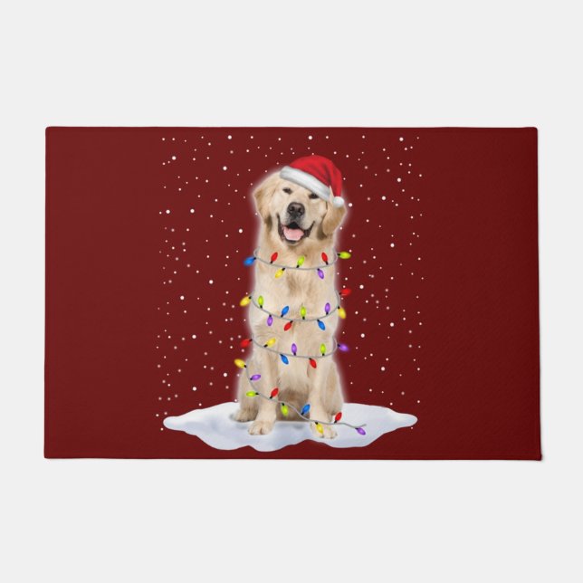 Golden retriever Santa Christmas Tree Lights Xmas ドアマット (正面)