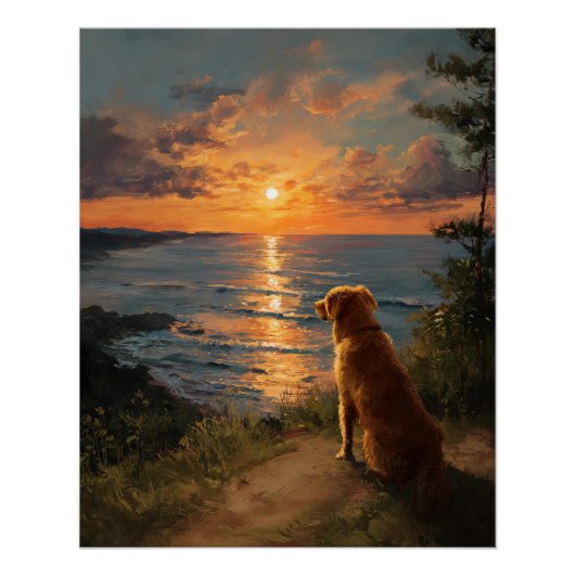 Golden Retriever Sunset Ocean View Art ポスター (正面)