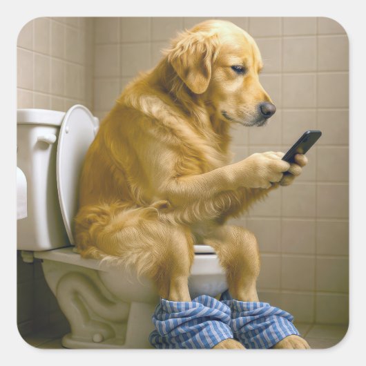 Golden Retriever Texting on a Toilet スクエアシール (正面)