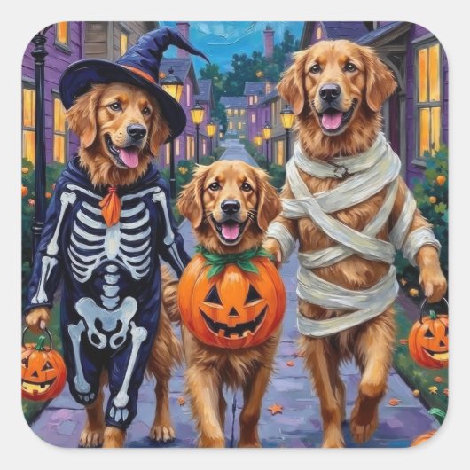 Golden Retriever Trick-or-Treating Halloween スクエアシール (正面)