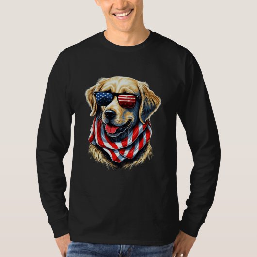 Golden Retriever USA Patriotic Pup in Sunglasses Tシャツ (正面)