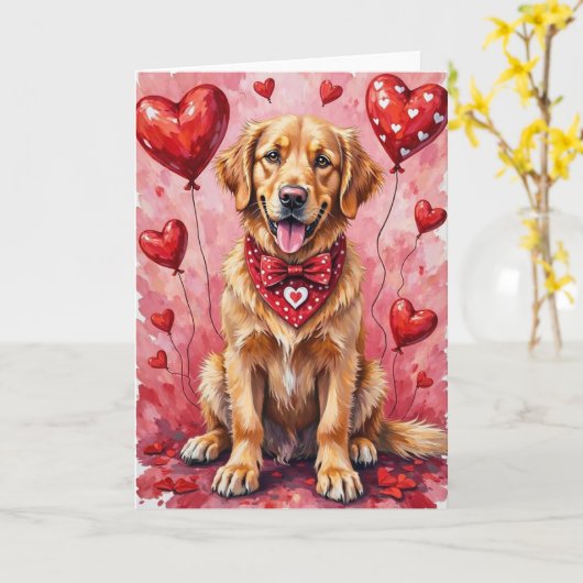 Golden Retriever Valentine’s Day Dog with Hearts カード (黄色い花)