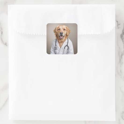 Golden Retriever Wearing a White Doctor's Coat スクエアシール (バッグ)
