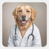 Golden Retriever Wearing a White Doctor's Coat スクエアシール (正面)