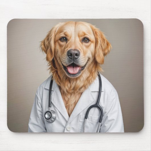 Golden Retriever Wearing a White Lab Coat マウスパッド (正面)