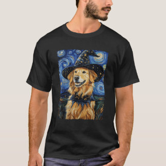 Golden Retriever Witch Costume Painting Starry Nig Tシャツ