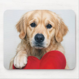Golden Retriever With a Red Heart Pillow マウスパッド