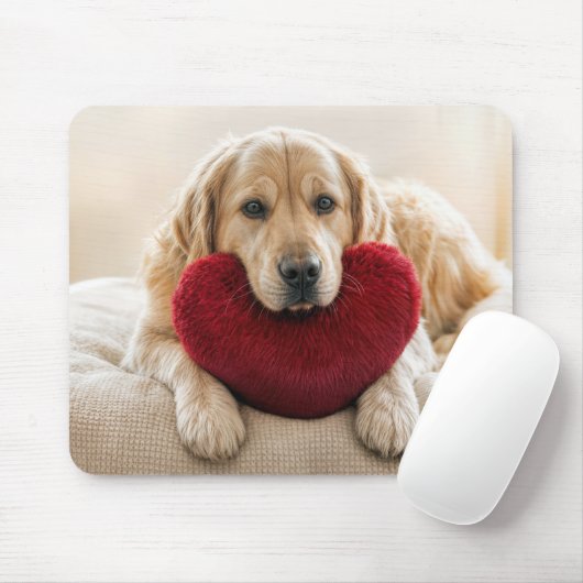 Golden Retriever With a Red Heart Pillow マウスパッド (マウス)
