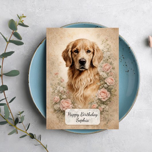 Golden Retriever with Roses カード