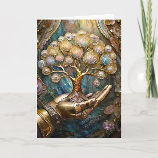 Golden Robot Hand Holding Gold Tree Of Life カード (正面)