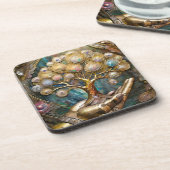 Golden Robot Hand Holding Gold Tree Of Life コースター (左側)