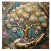 Golden Robot Hand Holding Gold Tree Of Life タイル (正面)