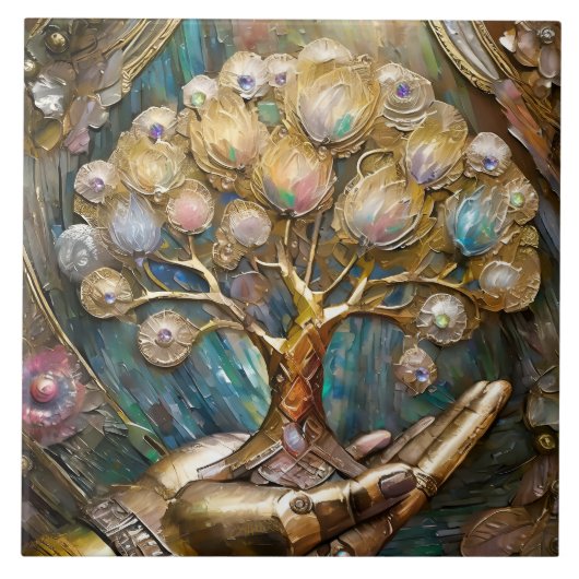 Golden Robot Hand Holding Gold Tree Of Life タイル (正面)