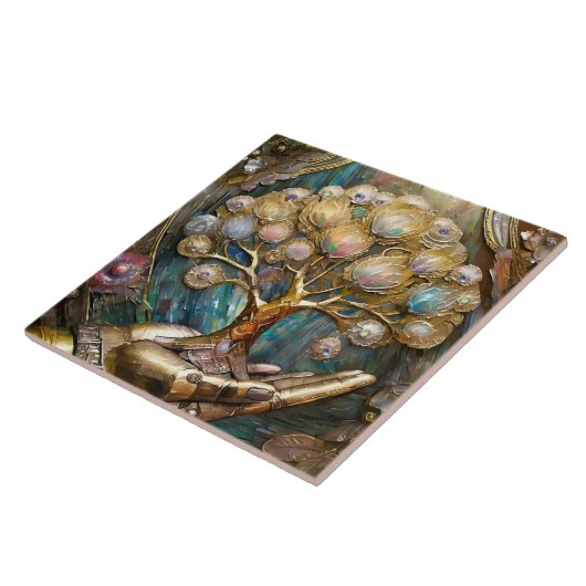 Golden Robot Hand Holding Gold Tree Of Life タイル (側面)