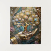 Golden Robot Hand Holding Gold Tree Of Life タペストリー (正面)