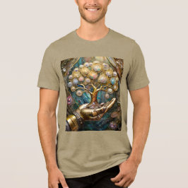 Golden Robot Hand Holding Gold Tree Of Life トライブレンドTシャツ
