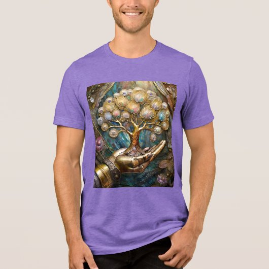 Golden Robot Hand Holding Gold Tree Of Life トライブレンドＴシャツ (正面)