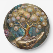 Golden Robot Hand Holding Gold Tree Of Life ペーパープレート (正面)