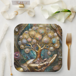 Golden Robot Hand Holding Gold Tree Of Life ペーパープレート