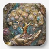 Golden Robot Hand Holding Gold Tree Of Life ペーパープレート (正面)