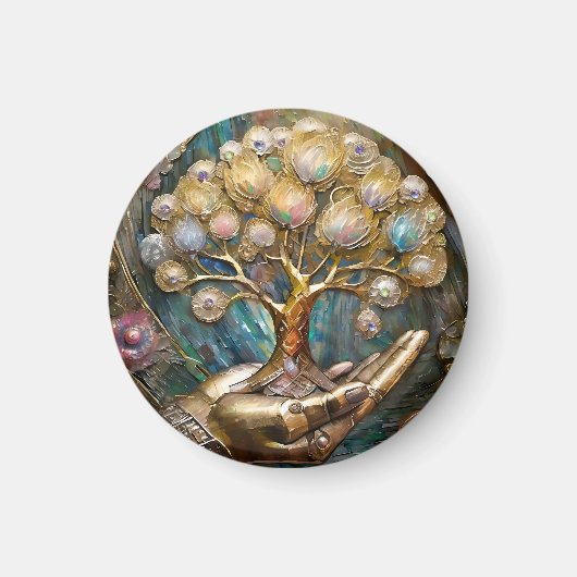 Golden Robot Hand Holding Gold Tree Of Life マグネット (正面)