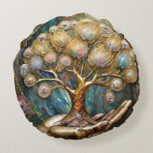 Golden Robot Hand Holding Gold Tree Of Life ラウンドクッション (裏面)